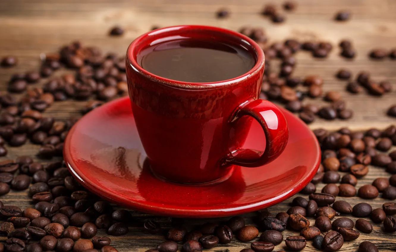 Photo wallpaper coffee, Cup, drink, red, saucer, grain, bokeh, closeup