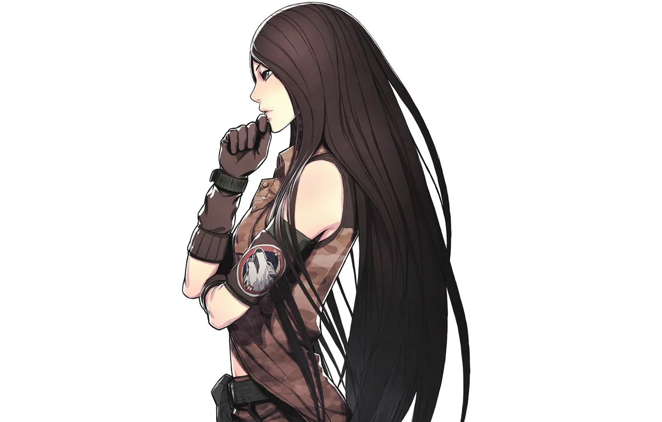 Photo wallpaper white background, gloves, camouflage, long hair, art, Iwai Ryo, Advance Wars, LIN