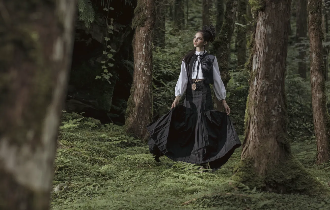 Photo wallpaper forest, girl, trees, style