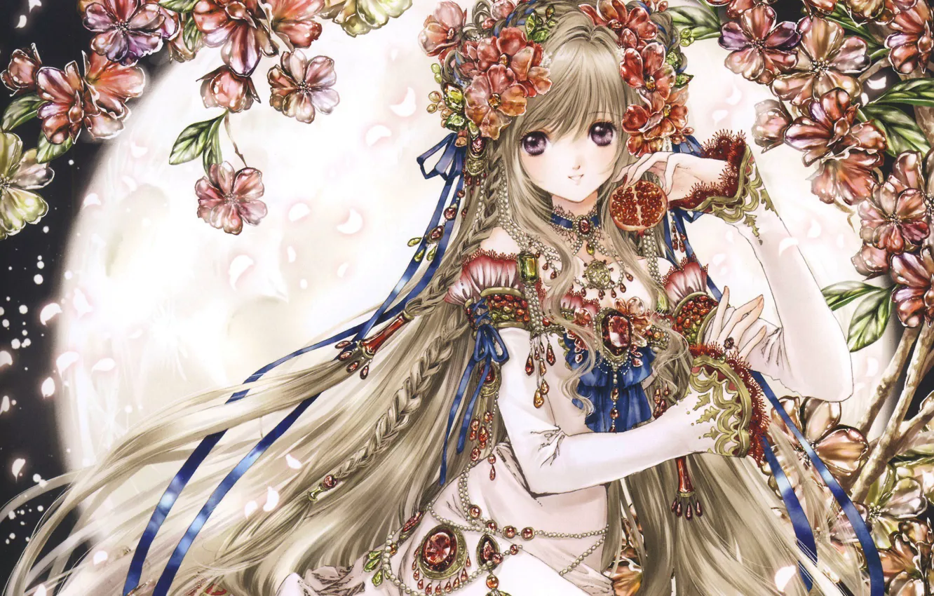 Photo wallpaper girl, decoration, flowers, anime, art