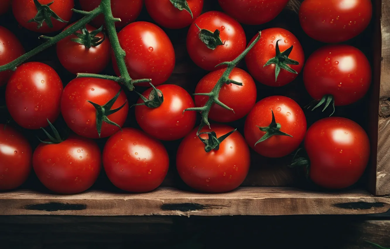 Photo wallpaper drops, red, food, harvest, box, vegetables, tomatoes, a lot