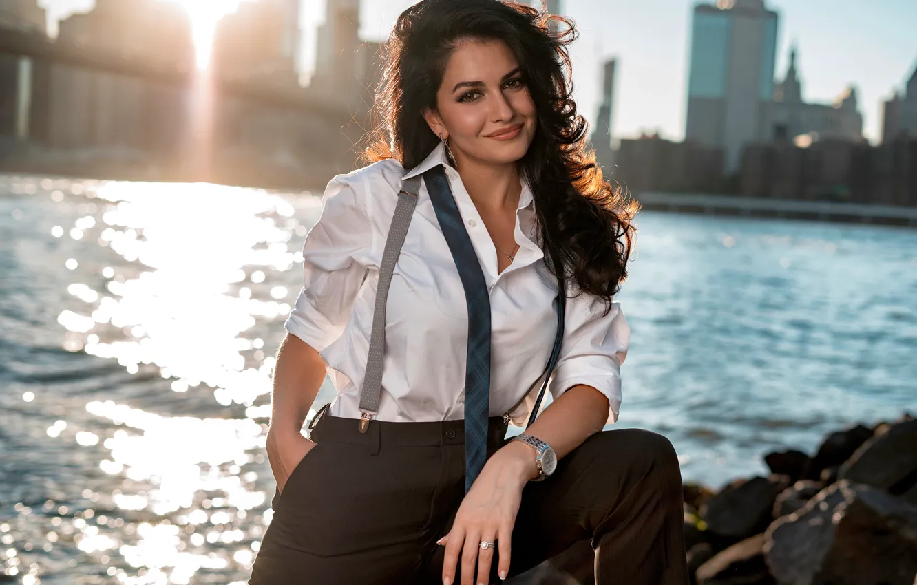 Photo wallpaper look, girl, the city, pose, smile, river, shirt, pants