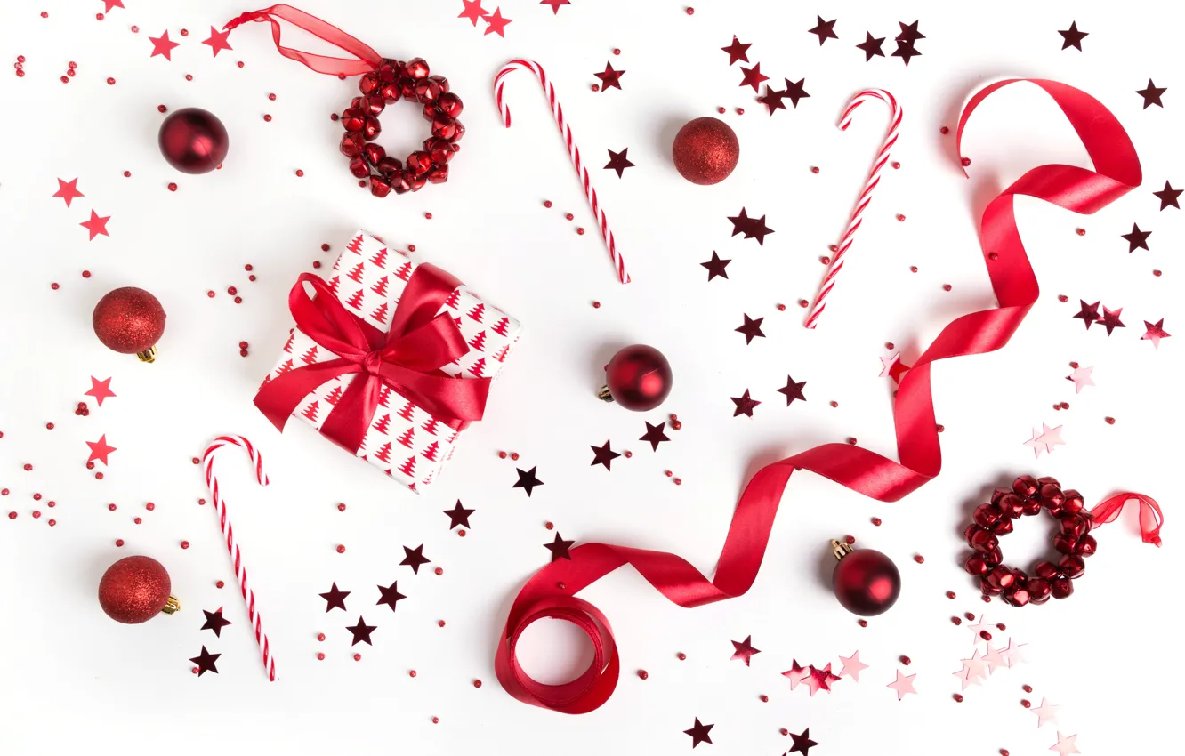 Photo wallpaper red, background, holiday, gift, toy, new year, Christmas, tape