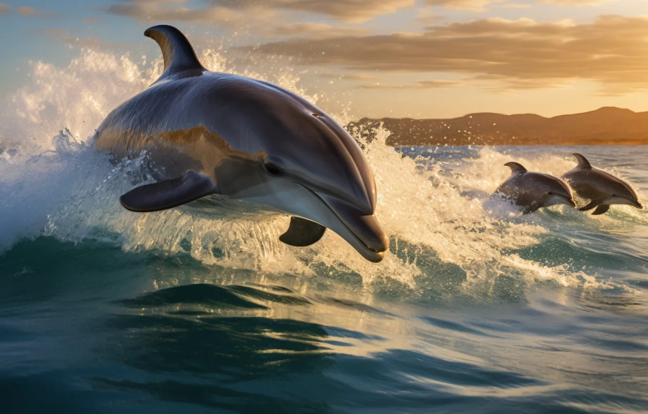 Photo wallpaper sea, wave, water, the ocean, jump, dolphins, swimming, sports