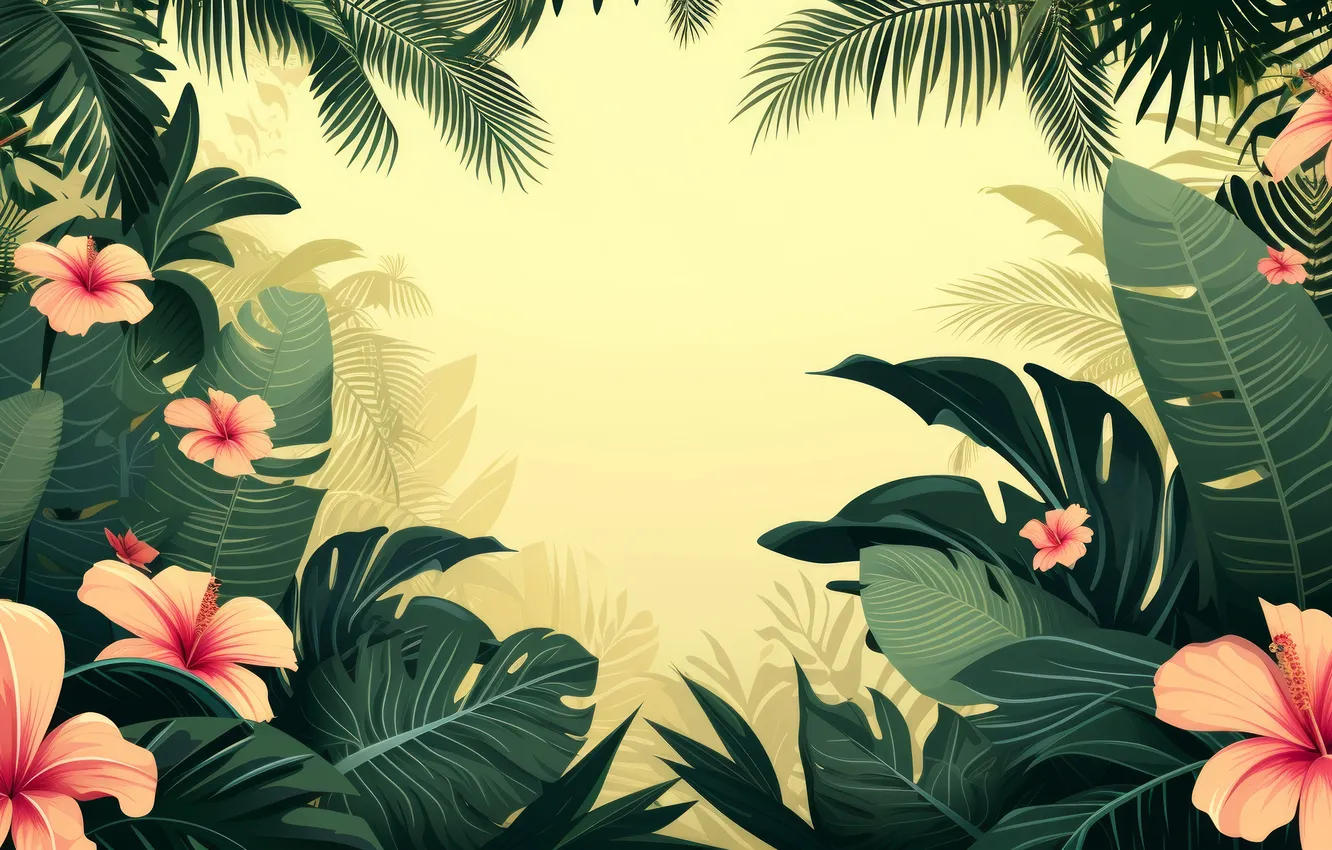 Photo wallpaper leaves, flowers, tropics, texture, frame, hibiscus, Exotic, Tropical Plants