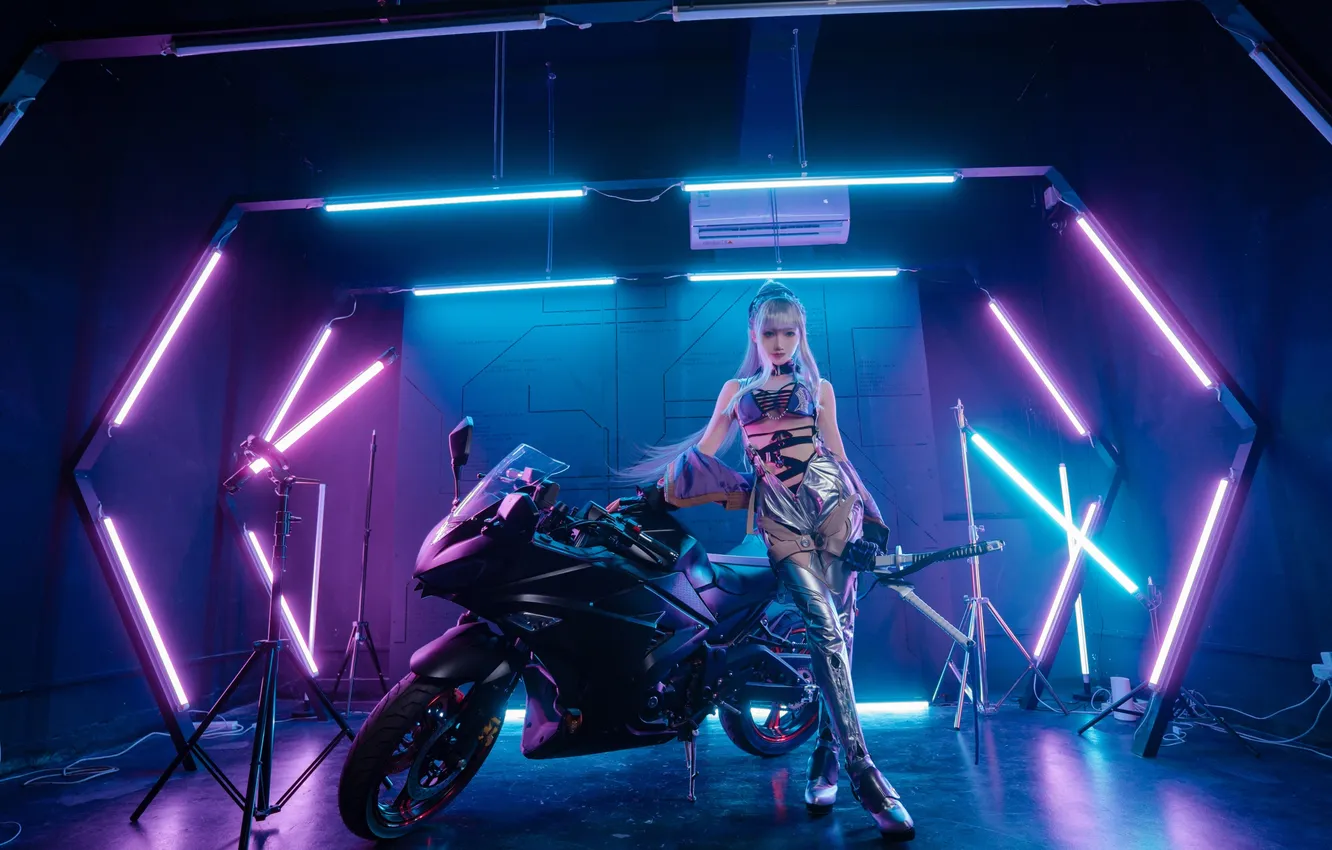 Photo wallpaper girl, light, blue, neon, motorcycle, pink, cosplay