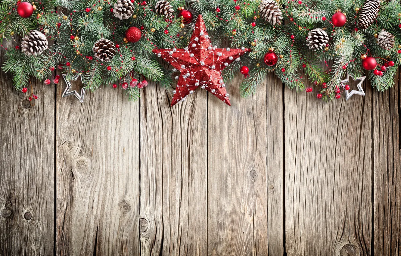 Photo wallpaper New Year, Christmas, christmas, star, balls, wood, merry christmas, decoration