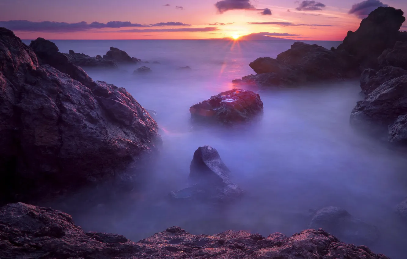 Photo wallpaper sea, sunset, fog, stones, twilight