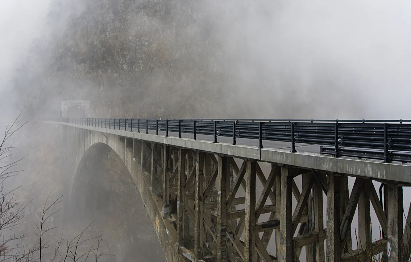 Photo wallpaper mountains, bridge, nature, fog, the tunnel, nature, bridge, mountain