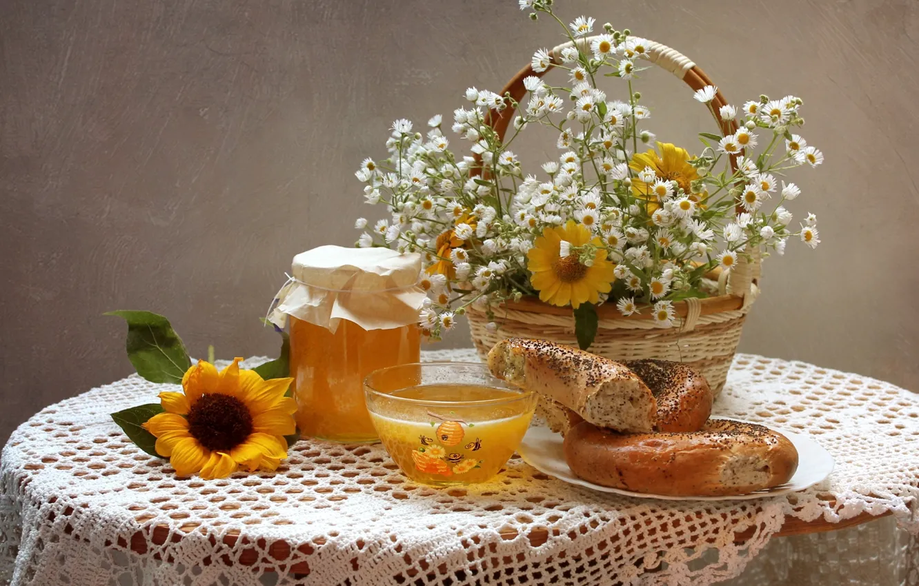 Photo wallpaper summer, sunflowers, chamomile, bouquet, texture, honey, bagels, still life