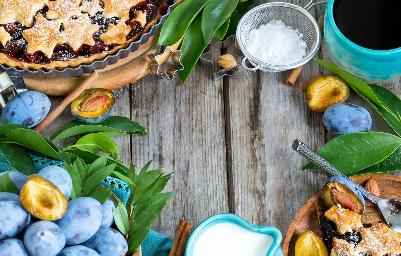 Photo wallpaper coffee, milk, pie, cinnamon, plum, powdered sugar