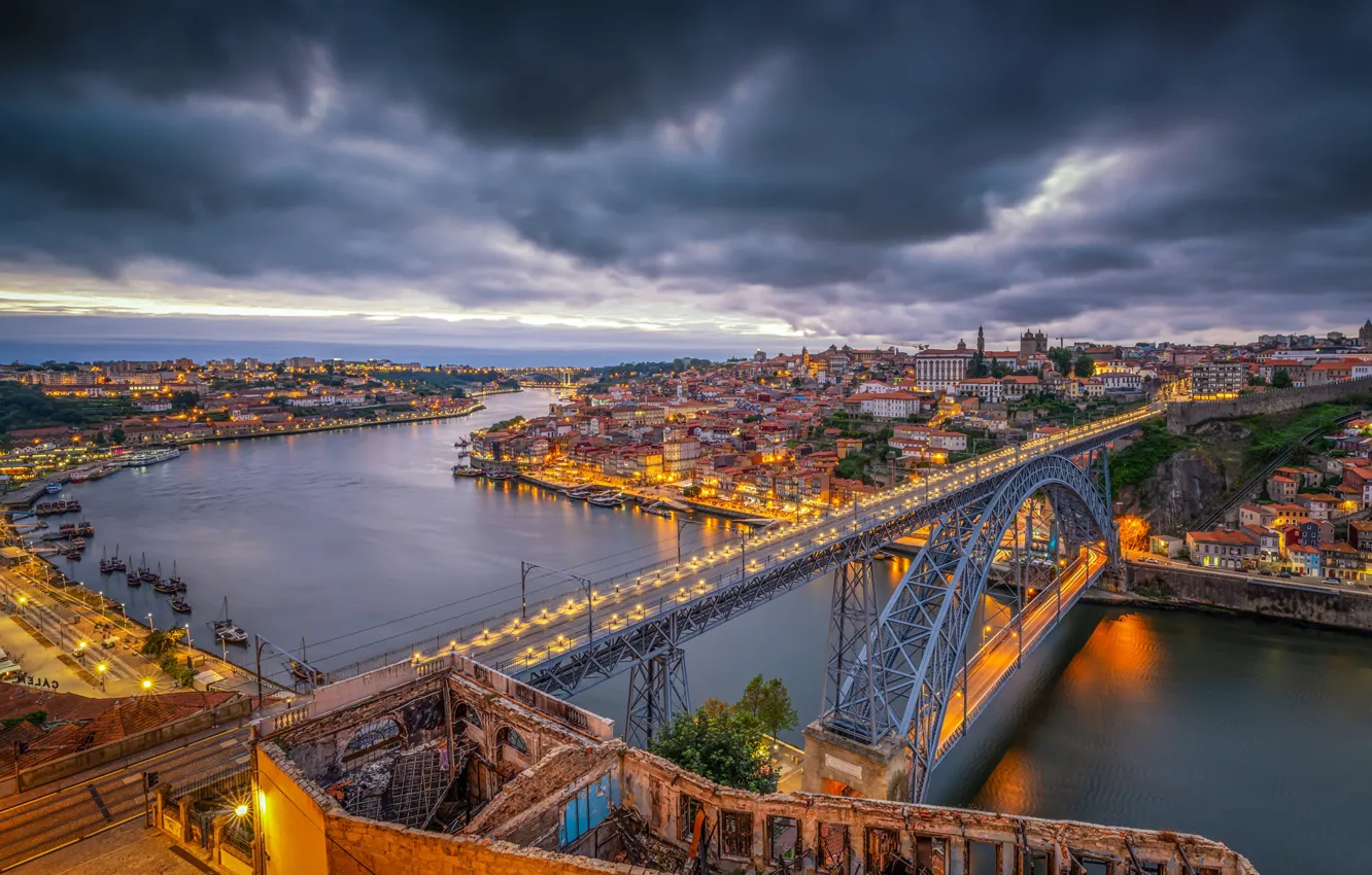 Photo wallpaper the sky, clouds, clouds, bridge, lights, river, home, the evening