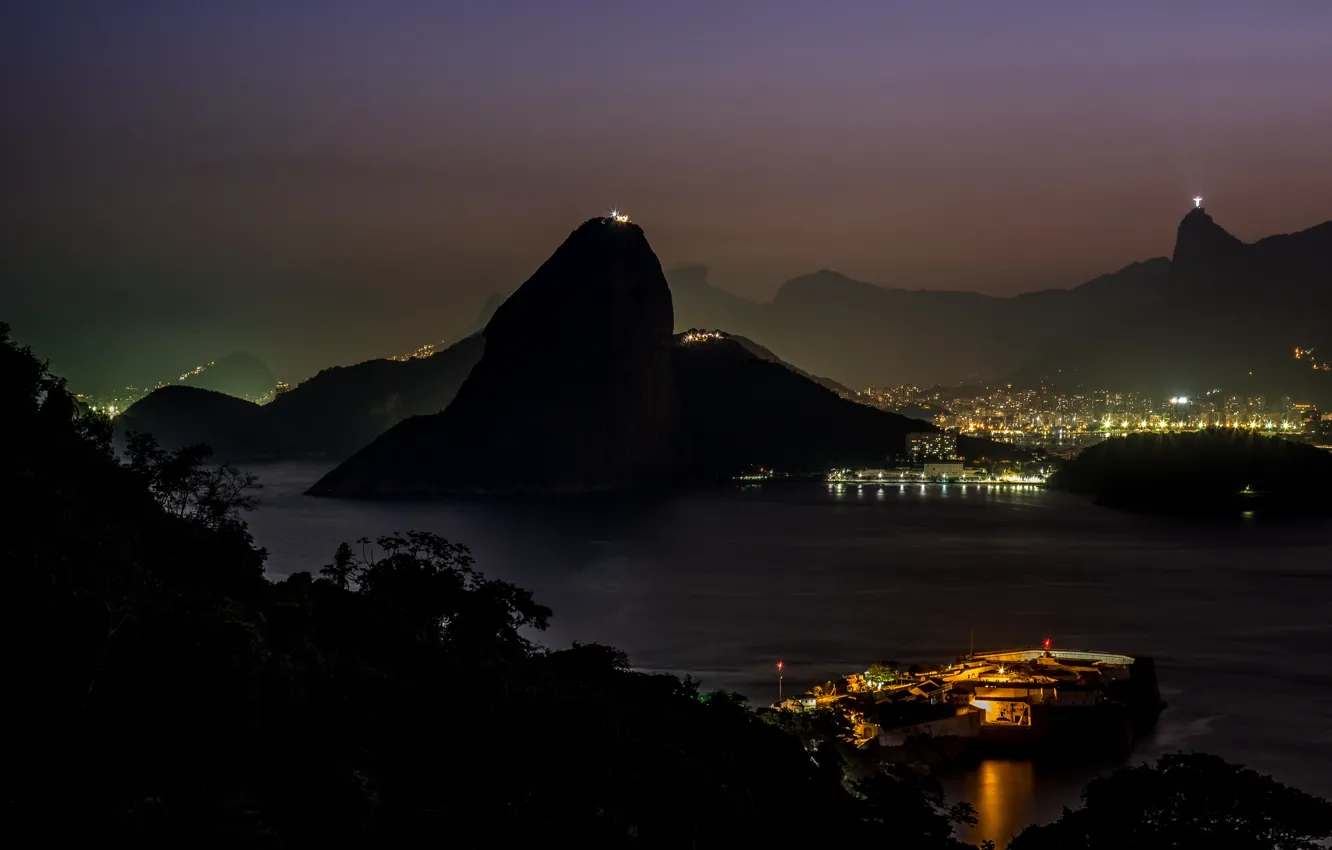 Photo wallpaper lights, landscape, night, mountains, panorama, Rio de Janeiro, the city