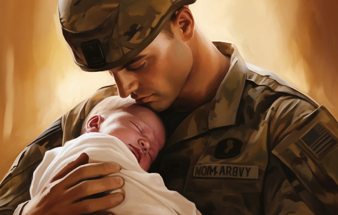 Photo wallpaper children, soldiers, two, helmet, baby, digital art, AI art, The Art of Artificial Intelligence