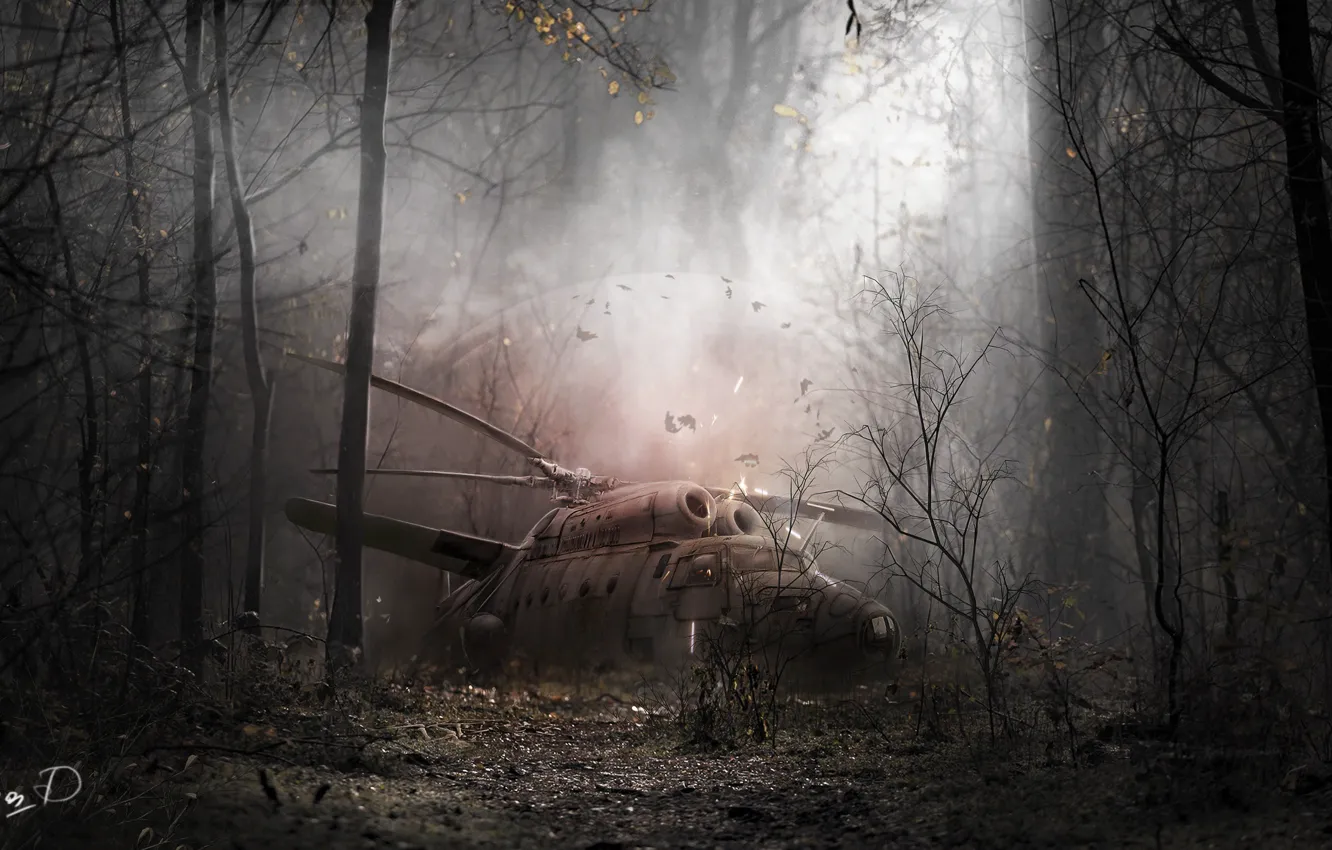 Photo wallpaper forest, art, helicopter, Stalker, anomaly, Stalker, art, by Lena Didenko