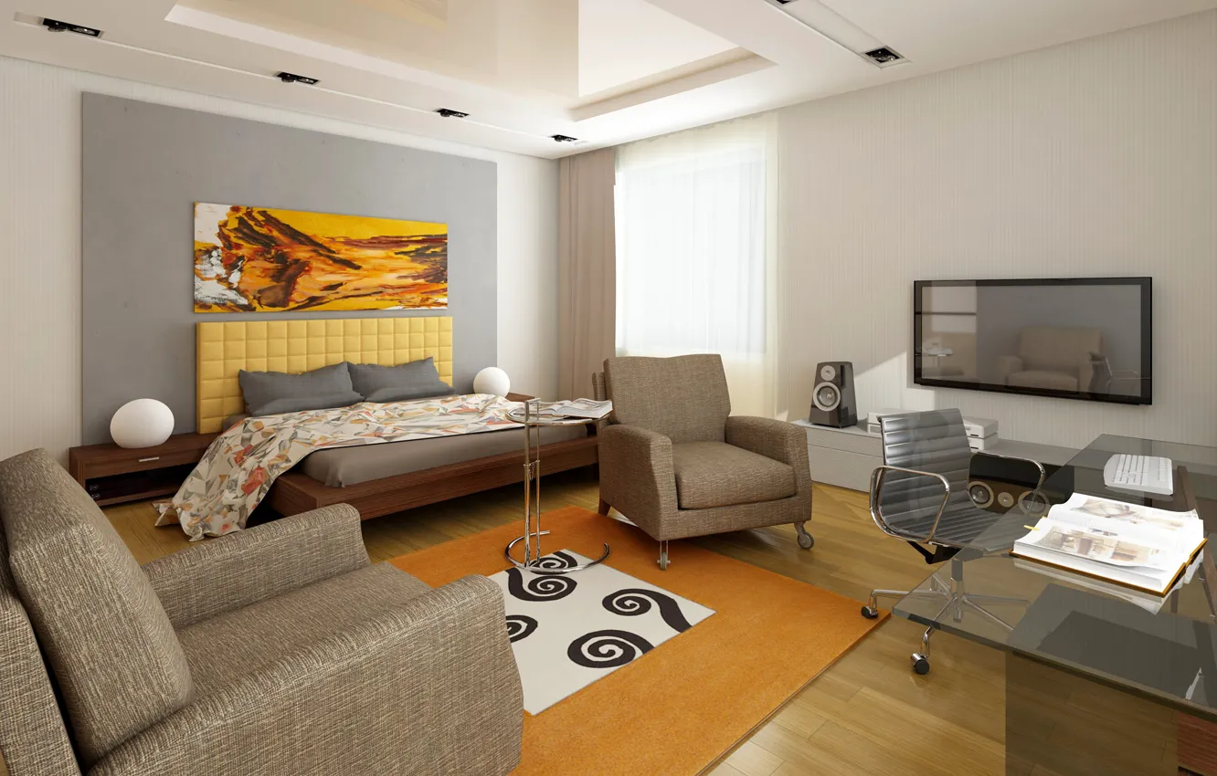 Photo wallpaper table, bed, TV, Studio