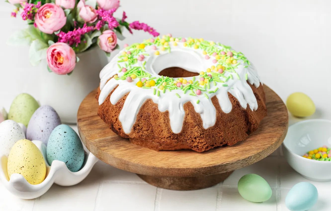 Photo wallpaper flowers, eggs, spring, colorful, Easter, cake, cake, flowers