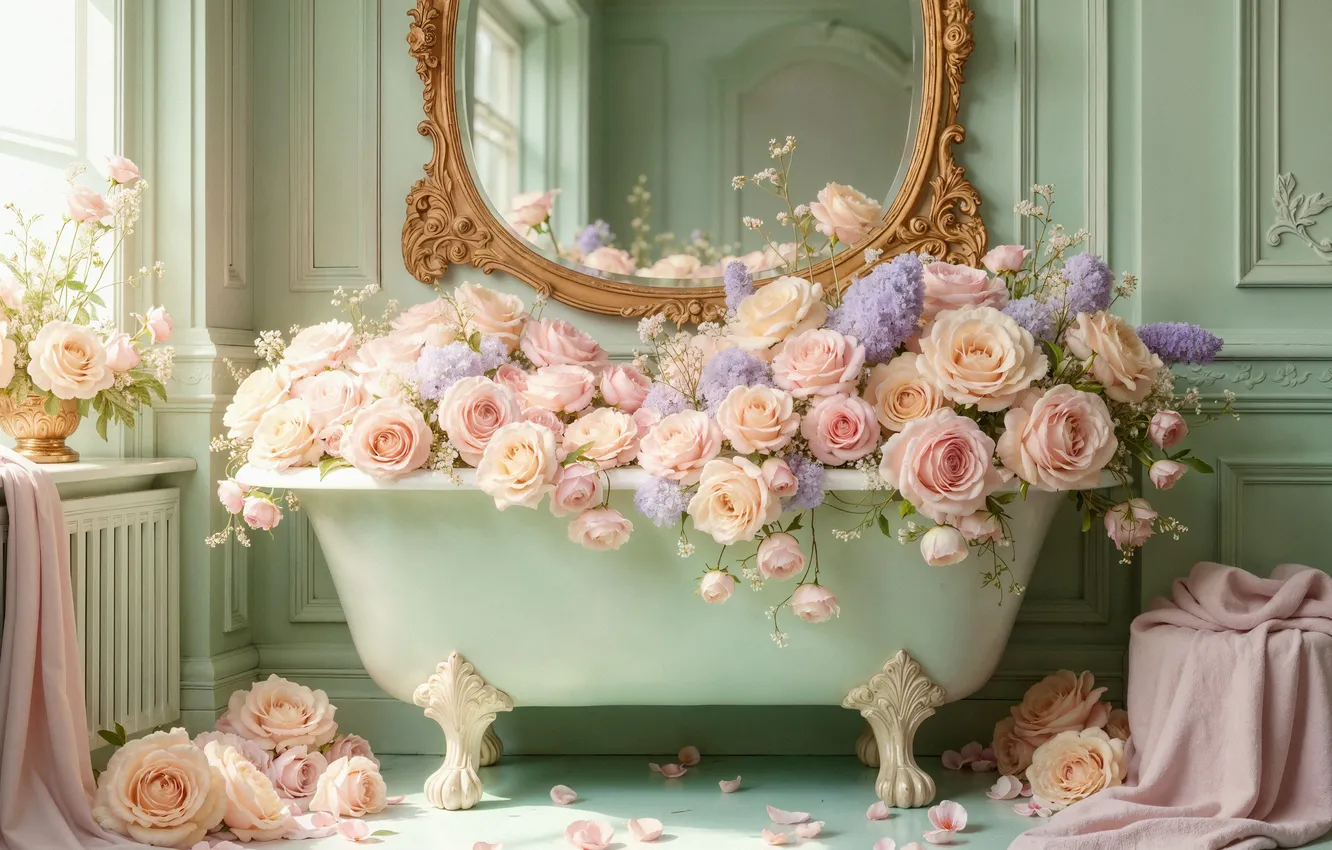 Photo wallpaper flowers, roses, spring, colorful, bath, pink, blossom, flowers