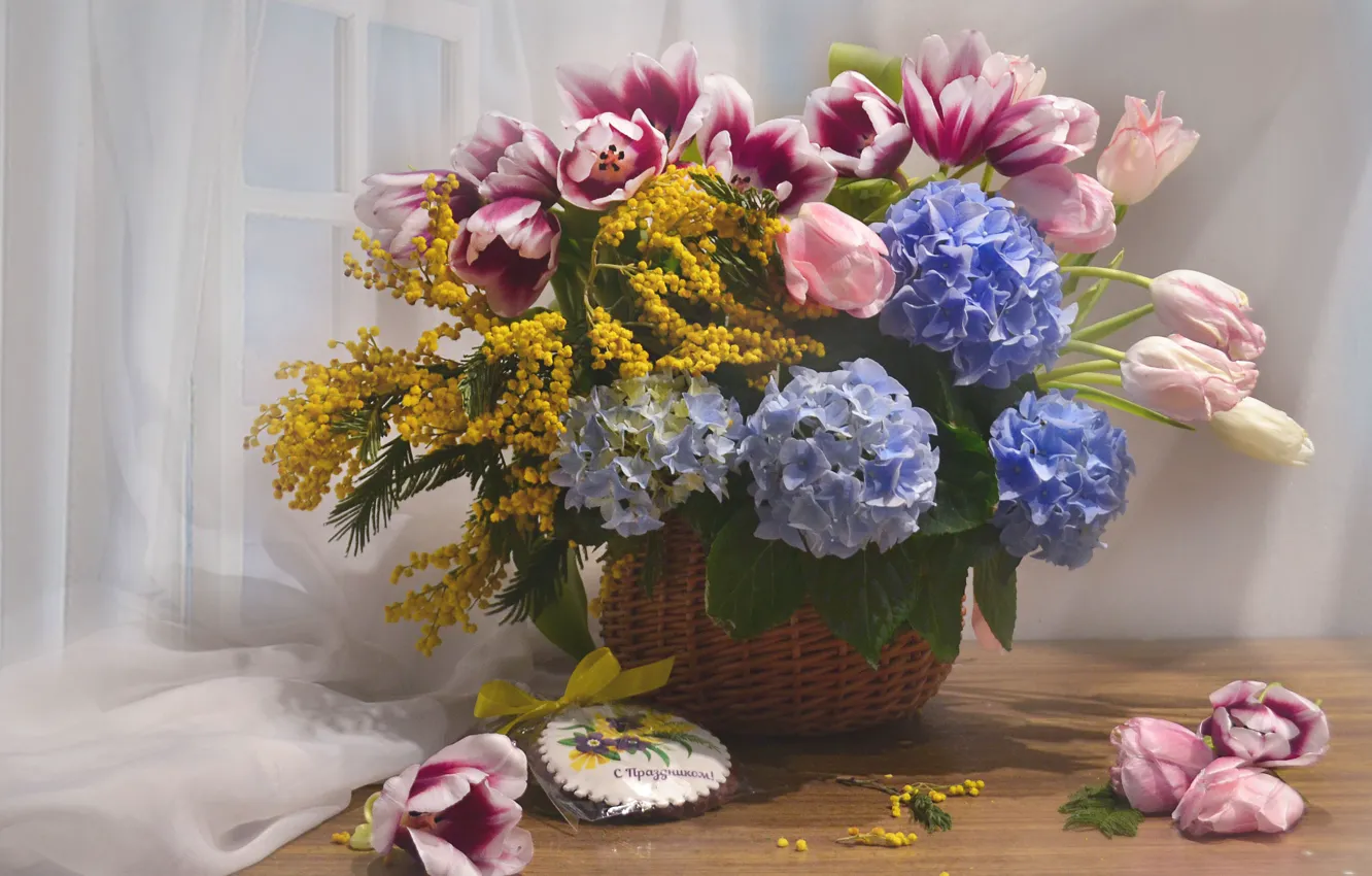Photo wallpaper flowers, basket, tulips, curtain, hydrangea, gingerbread, Mimosa, Valentina Fencing