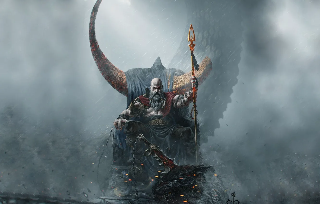Photo wallpaper Kratos, Kratos, God Of War, Blades of Chaos, Swords Of Chaos, Goksoy Rock Waterfall, Valhalla …