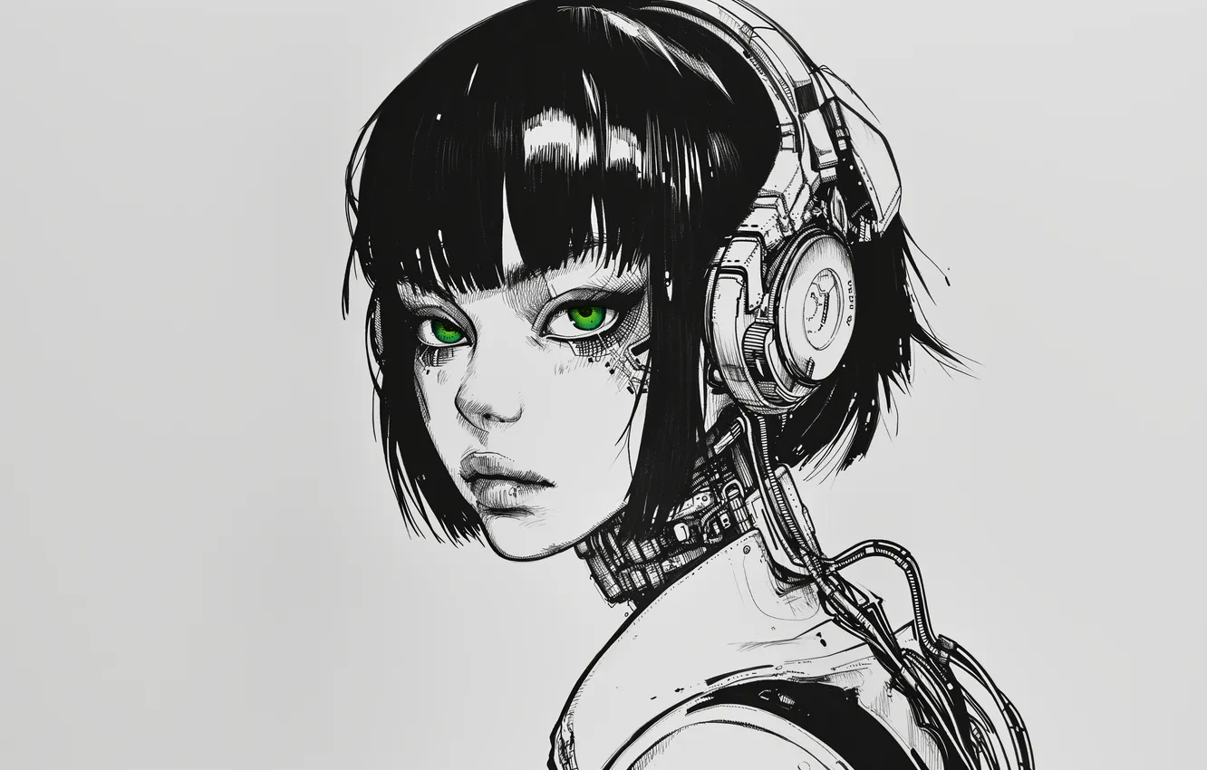 Photo wallpaper headphones, science fiction, short hair, women, face, manga, Illustration, cyborg