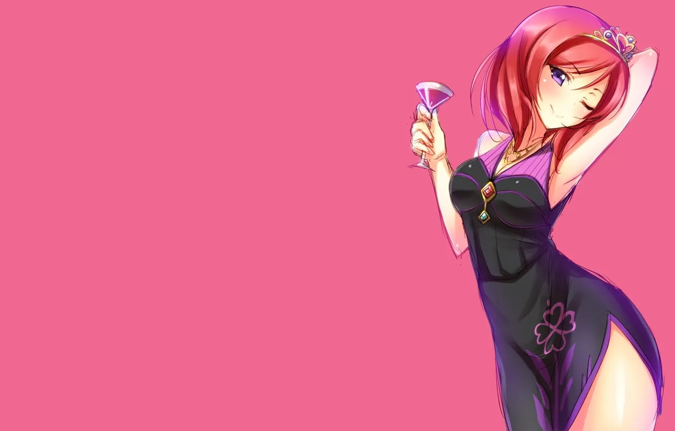 Photo wallpaper girl, glass, anime, pink background, neckline, evening dress, crimson hair, Love Live !