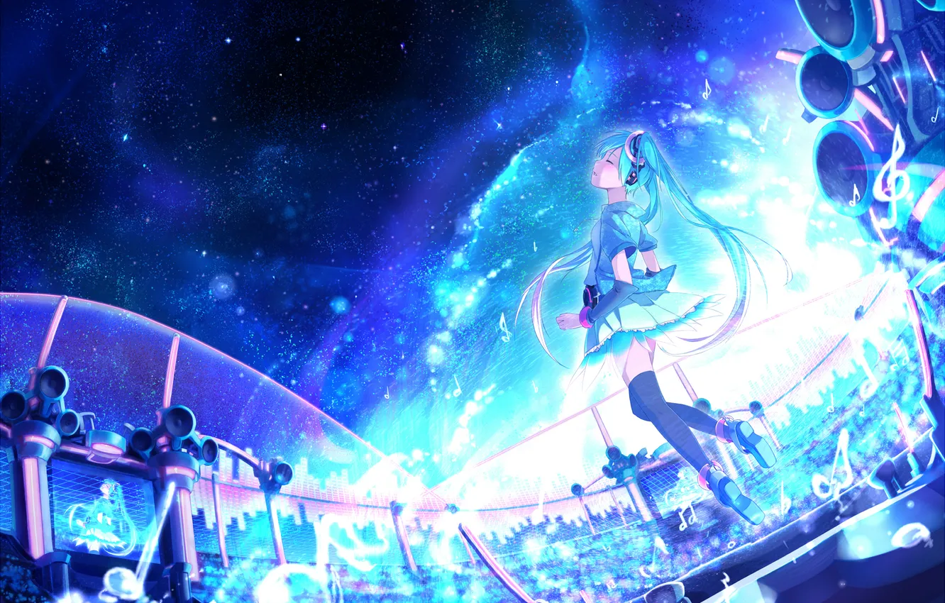 Photo wallpaper girl, scene, dynamics, art, vocaloid, hatsune miku, singing, akama zenta