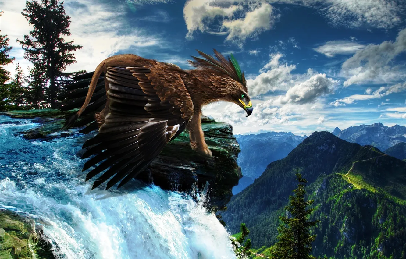 Photo wallpaper the sky, mountains, nature, waterfall, wings, beak, art, Griffin