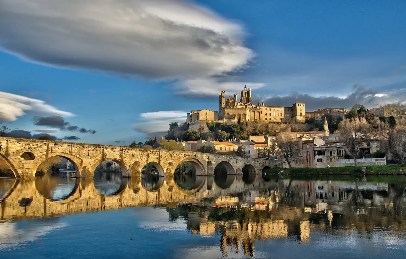 Photo wallpaper landscape, bridge, the city, river