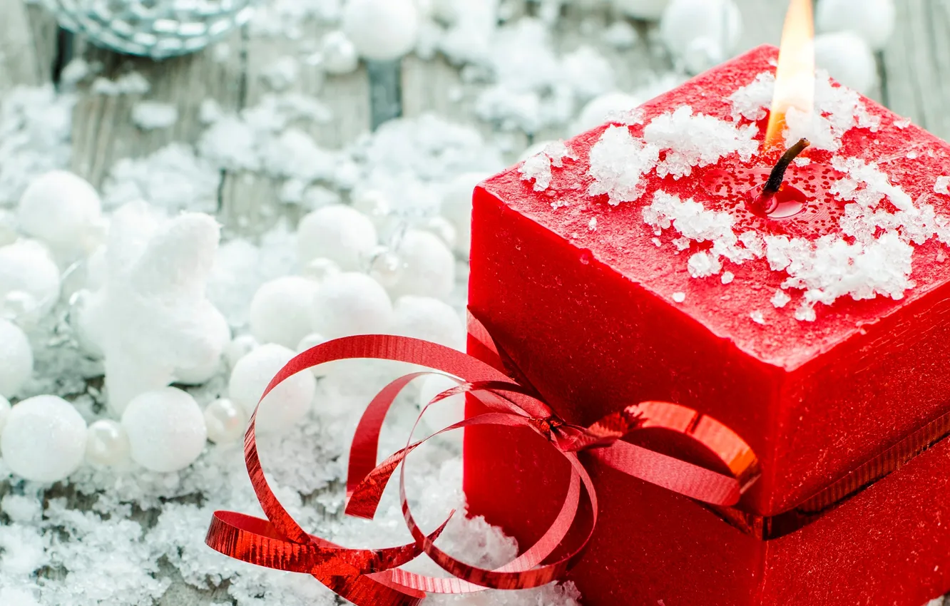 Photo wallpaper winter, red, candles, bow, ribbon