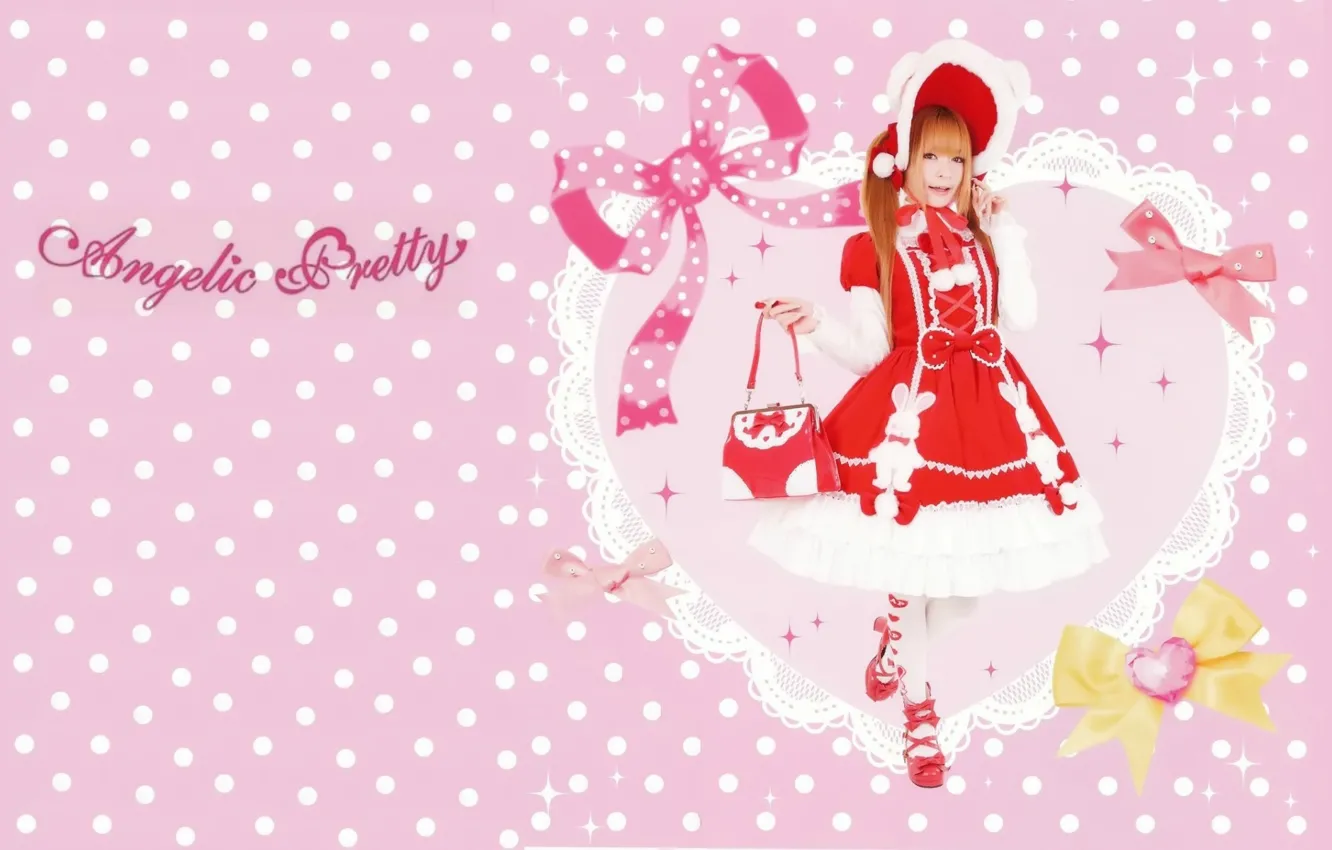 Photo wallpaper heart, red, lace, bag, bows, red dress, pink background, cosplay