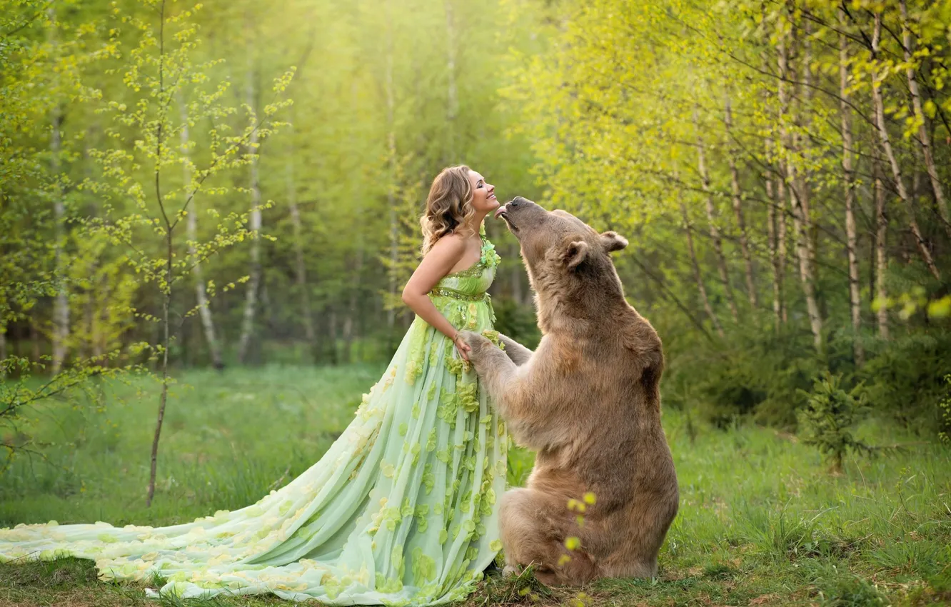 Photo wallpaper forest, girl, nature, pose, style, spring, bear, costume