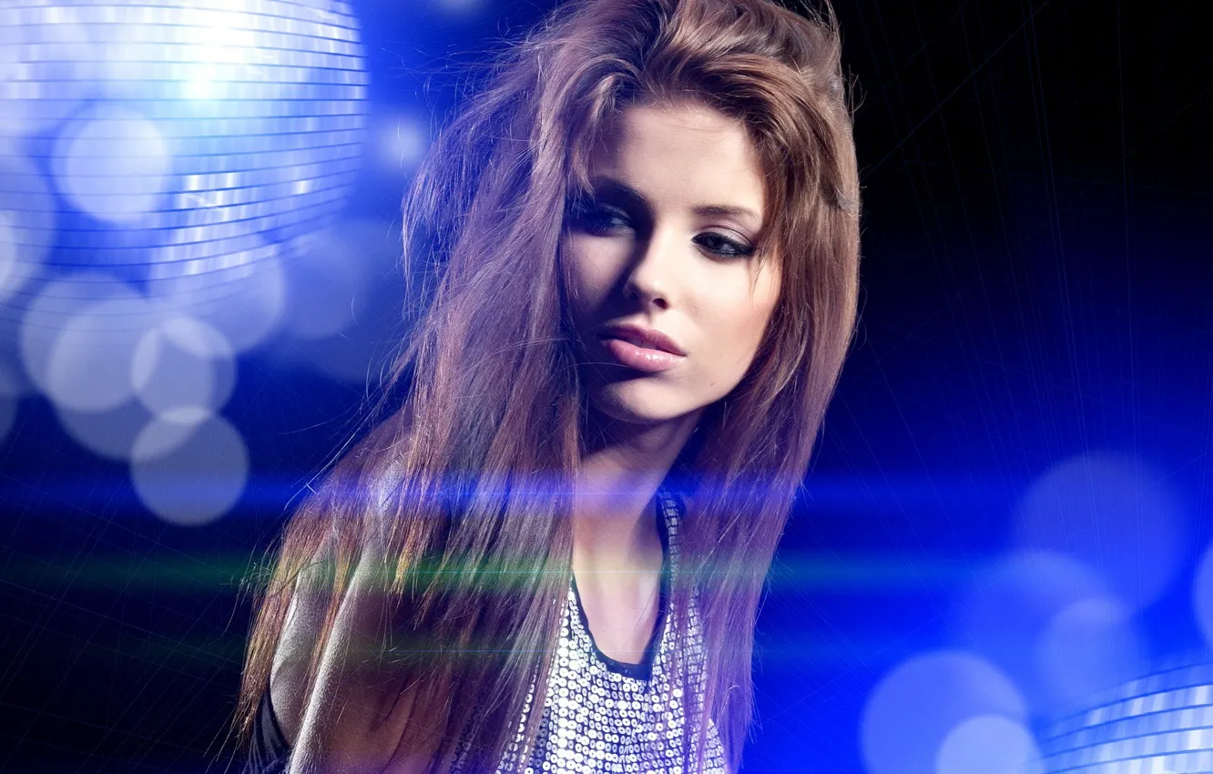 Photo wallpaper girl, blue, music, background, balls, hair, disco, blonde