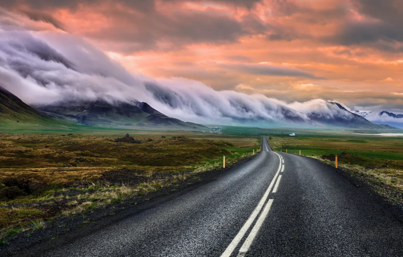 Photo wallpaper road, the sky, clouds, mountains, fog, Iceland