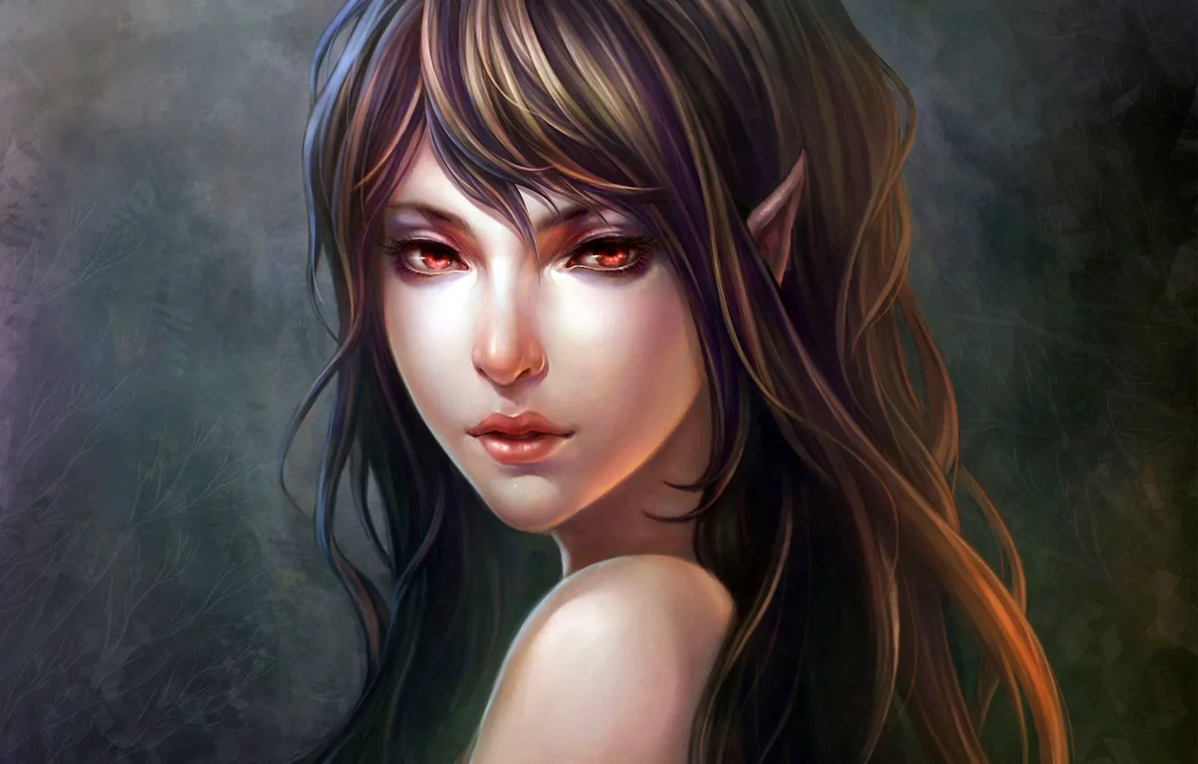 Photo wallpaper girl, fantasy, long hair, red eyes, lips, face, brunette, elf