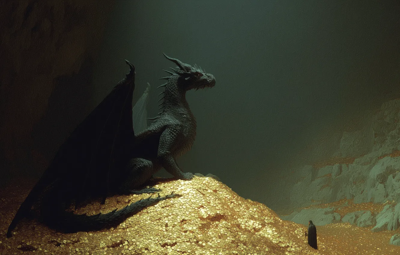 Photo wallpaper gold, dragon, fantasy art, cave, knight, illustration, horde