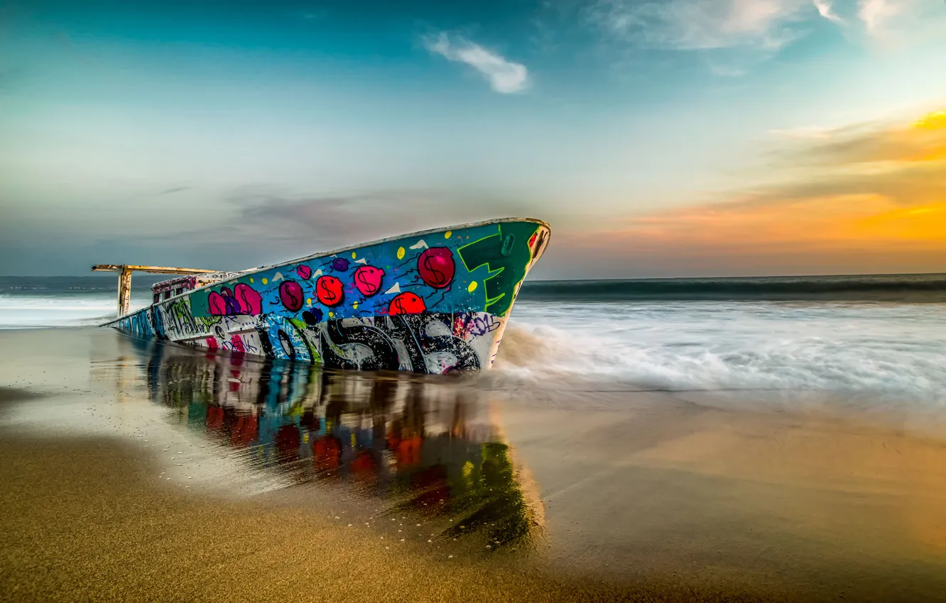 Photo wallpaper sea, the sky, clouds, reflection, shore, boat, painting