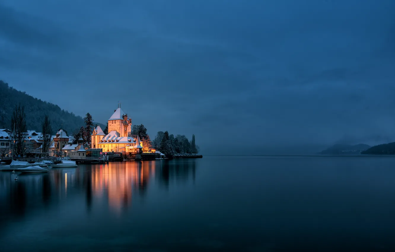 Photo wallpaper winter, night, lake, castle, Switzerland, Switzerland, Lake Thun, Oberhofen Castle