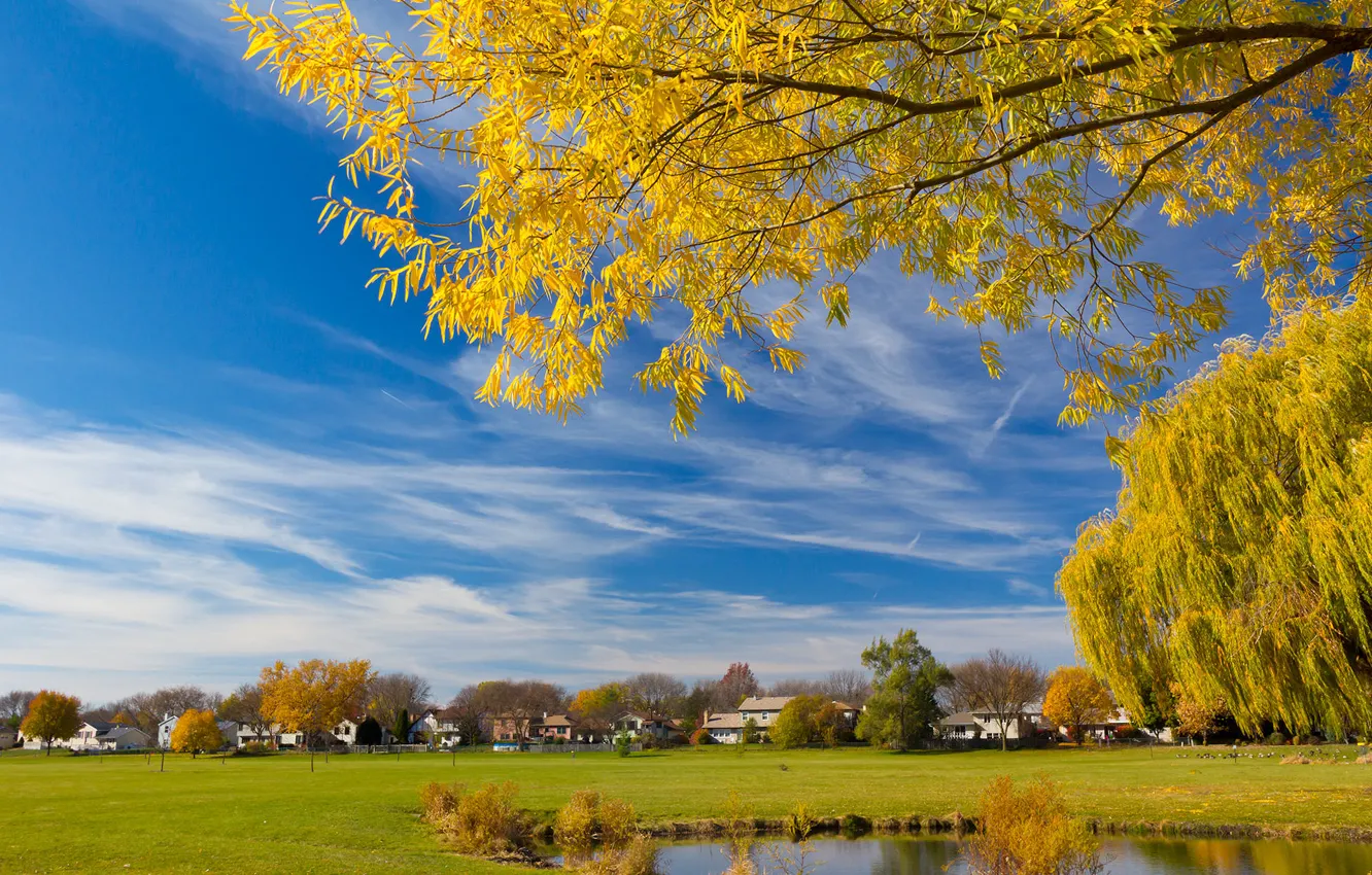 Photo wallpaper autumn, the sky, pond, home, Verba