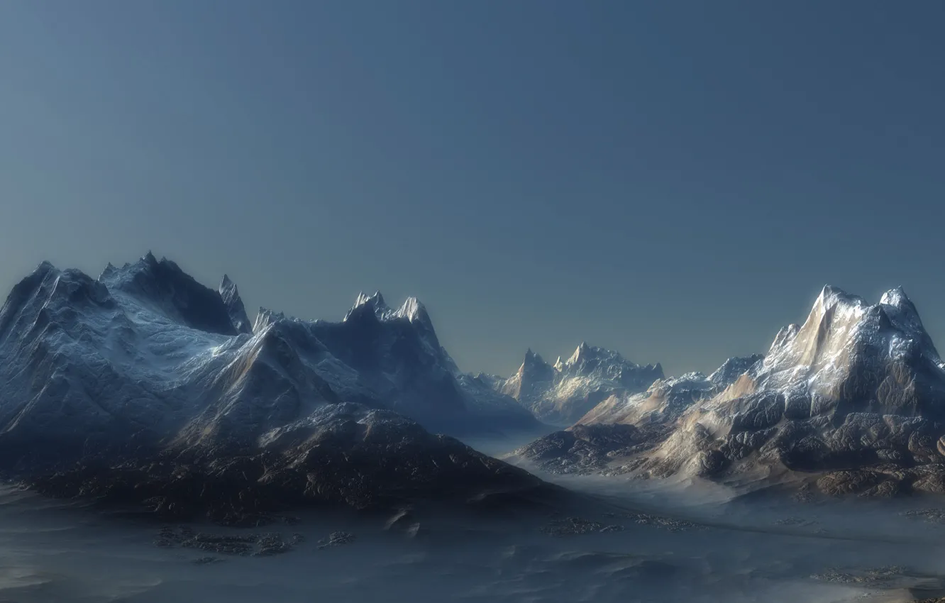 Photo wallpaper landscape, mountains, fog, rocks, landscape, peak