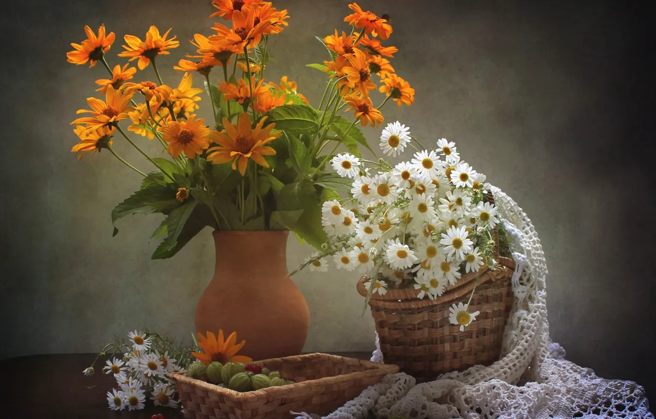 Photo wallpaper chamomile, gooseberry, rudbeckia