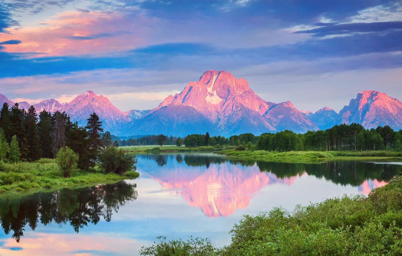Photo wallpaper forest, summer, water, clouds, reflection, mountains, morning, USA
