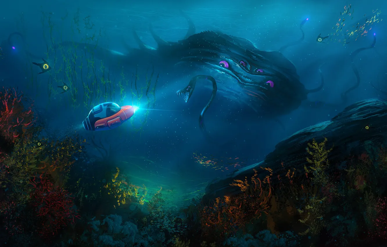 Photo wallpaper eyes, the ocean, snake, being, bathyscaphe, Subnautica