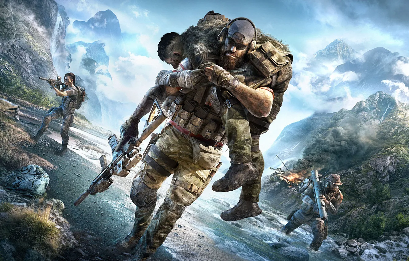 Photo wallpaper mountains, nature, river, soldiers, Tom Clancy's Ghost Recon Breakpoint