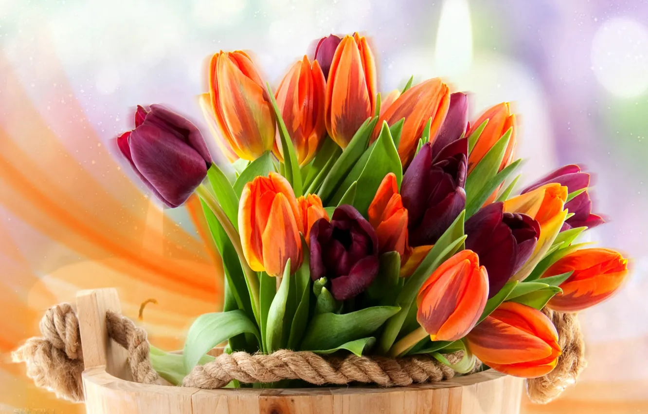 Photo wallpaper flowers, tulips, basket