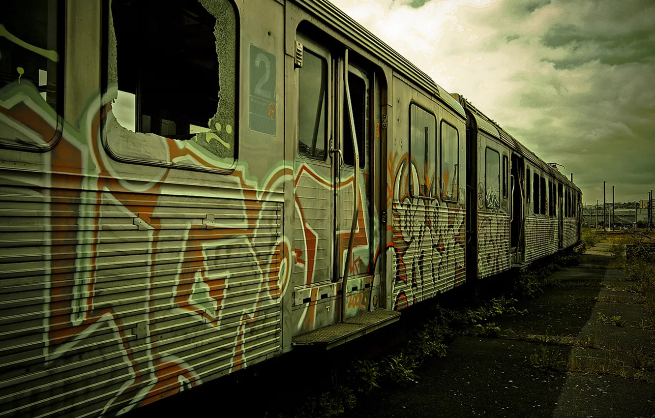 Photo wallpaper graffiti, train, the car, train, wasteland, abandoned, graffiti