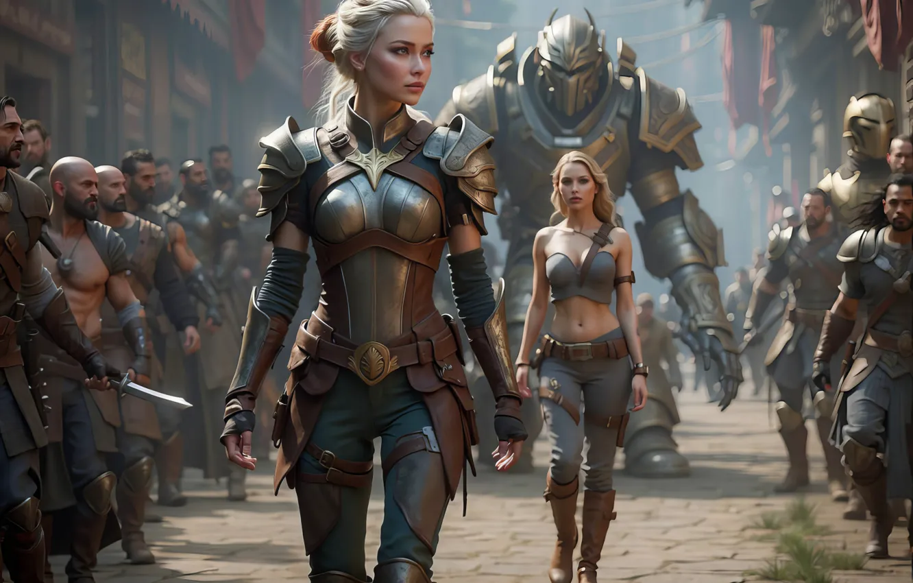 Photo wallpaper the crowd, armor, warrior, costume, warrior, beautiful girl, digital art, greeting