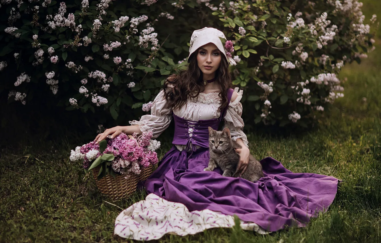 Photo wallpaper girl, pose, style, basket, dress, kitty, cap, lilac