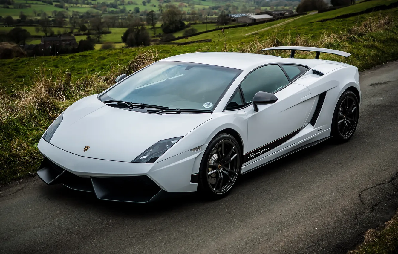 Photo wallpaper road, white, grass, Lamborghini, white, the view from the top, Lamborghini, LP570-4