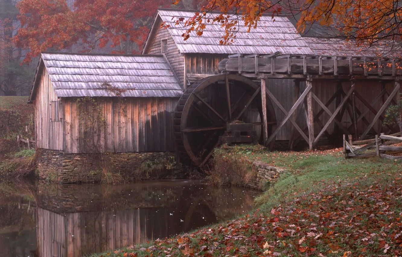 Photo wallpaper autumn, river, mill